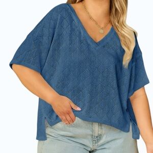 5404. Blue V-Neck Textured Top